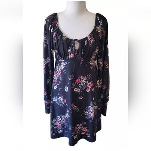 Lily Rose Blouson Dress Black Floral Skater Tie Front Babydoll Junior's Medium